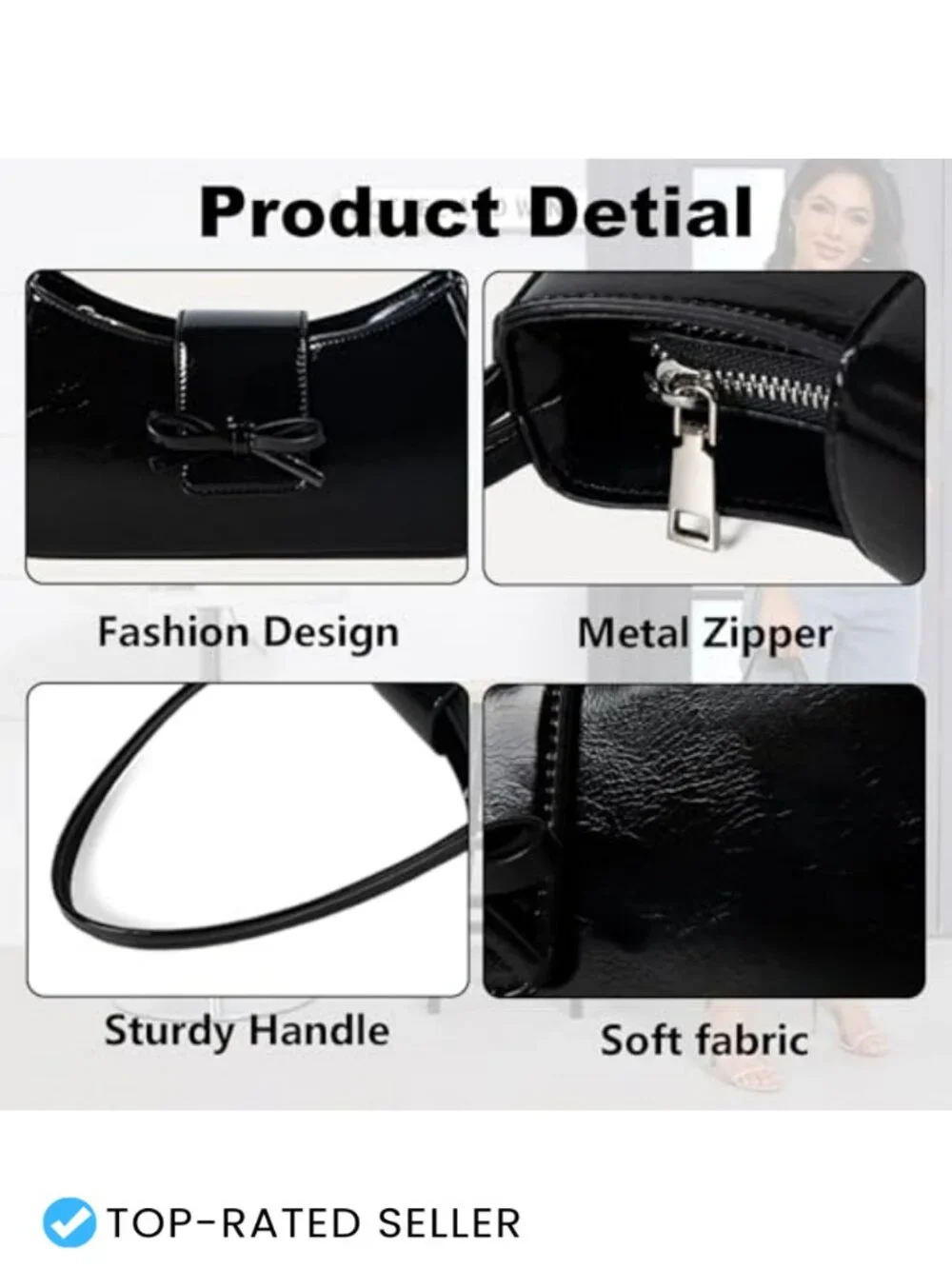 Patent Leather Hobo Shoulder Bag Zipper Closure Cute Bow Purse for Everyday